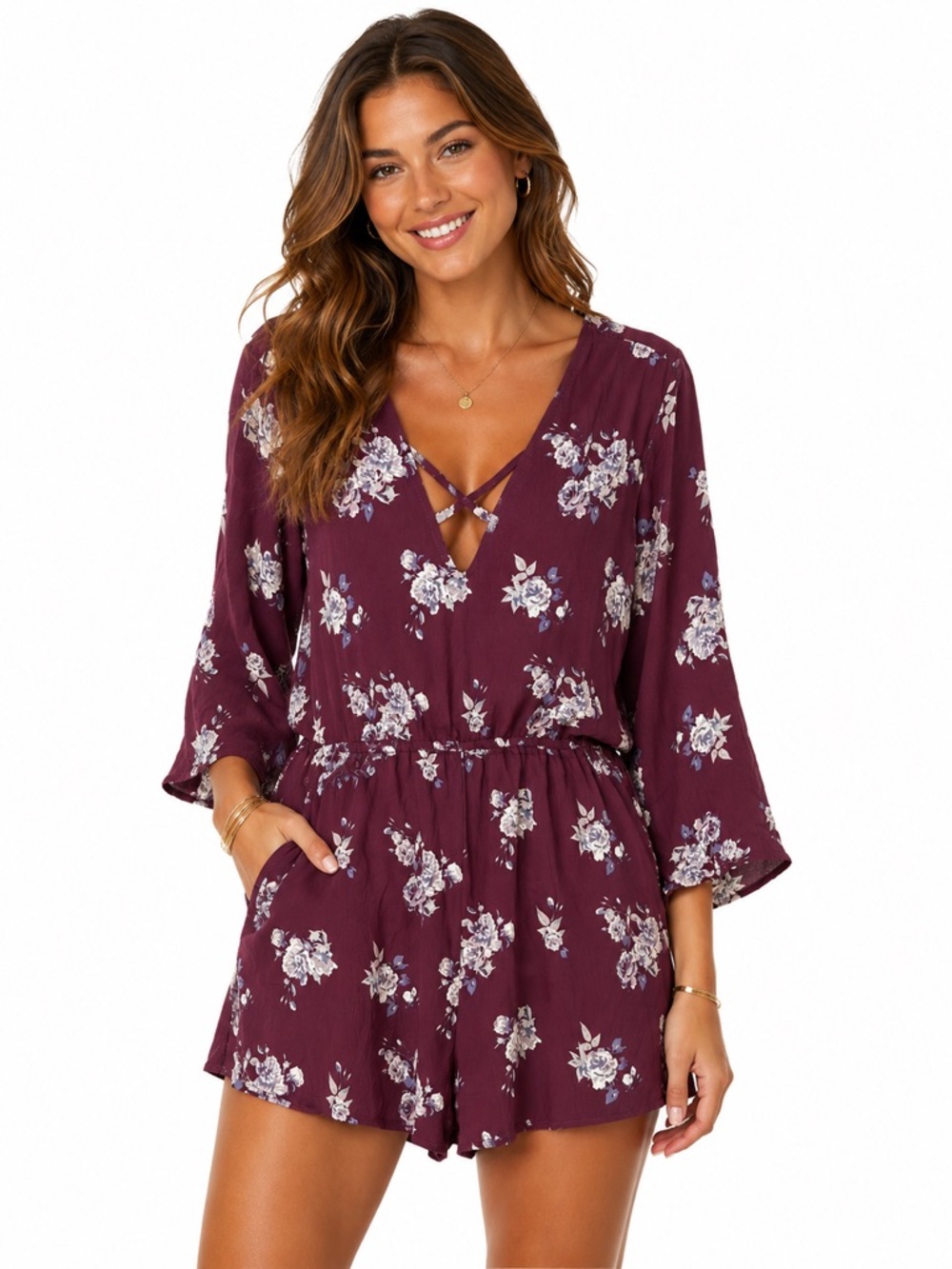Rue21 Burgundy Floral Romper V Neck Bell Sleeve Boho Festival 2X